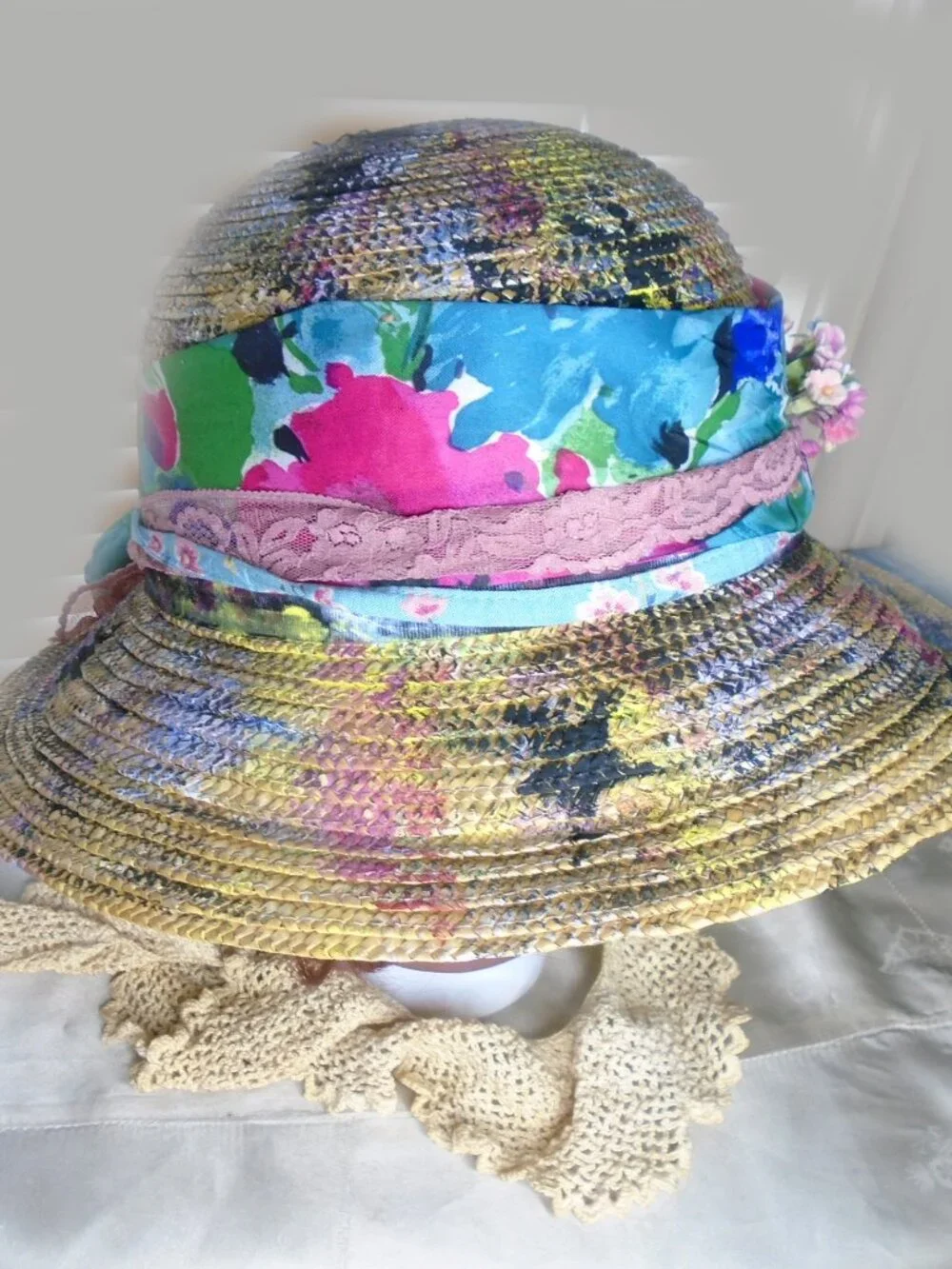 Unique Straw Hat is Upcycled OOAK, Hobo Chic Bohemian Poverty Core + HAT BOX - Picture 6 of 9